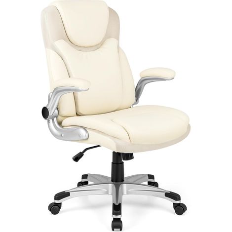 COSTWAY Silla Escritorio, Silla Oficina de Cuero PU, Función Mecedora y Altura Ajustable, Silla Ergonomica Escritorio con Reposabrazos Abatibles, Giratoria De 360°, Blanca (1/5)