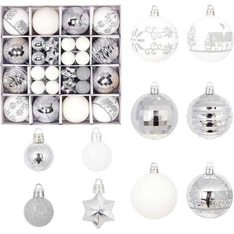 Lot de 42 boules de Noël en plastique - Décoration à suspendre - Pour décoration de sapin de Noël - Blanc argenté (1/5)