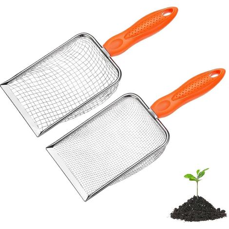 Tamis à terre de jardin METERXITY lot de 2, maille 5/28 mm acier inoxydable, poignée antidérapante, pour sable, terre, cailloux, compost blanc orange (1/5)