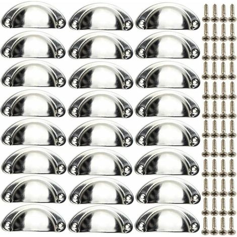 24 poignées vintage en forme de coquillage pour meubles – poignées demi-circulaires chromées pour tiroirs et armoires, avec vis de fixation incluses