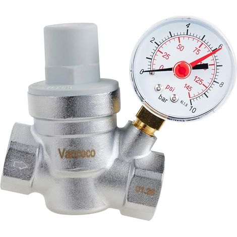 Réducteur de pression d'eau 3/4" DN20 avec manomètre, régulateur de pression d'eau en laiton, régulateur de pression d'eau avec filtre à tamis pour chaudières, jardins et salles de bains (1/5)