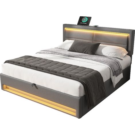 Polsterbett 140x190 cm mit Stauraum und LED-Beleuchtung, PU-Lederbett in Grau mit USB-Anschluss und kabelloser Ladefunktion, ohne Matratze (1/5)