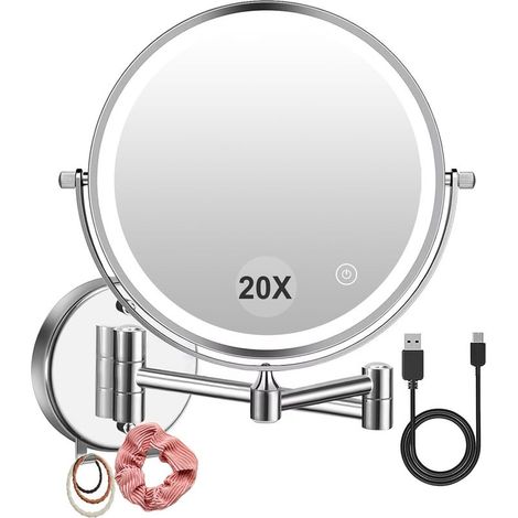 Rechargeable Miroir Grossissant Lumineux Mural, 1X/20X Grossissement Miroir Grossissant Mural, 3 Couleurs de Lumière Réglables Charge USB, 360° Pivotant Extensible, pour Salles de Bain (1/5)