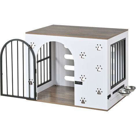 Jaula para perro de interior en MDF y metal con estación de comida, blanco y roble claro (1/4)