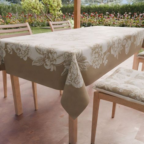 Nappe Anti-Taches Rectangulaire (140 x 180 cm) Couvre-Table de Cuisine, Motif Pivoines Taupe, X6 Places, 100% fabriquée en Italie (1/4)