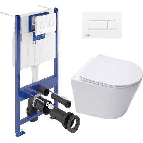 Villeroy & Boch – Pack WC bâti-support sans bride et fixations invisibles – WC suspendu compact 48 cm – Plaque de déclenchement double touche blanche