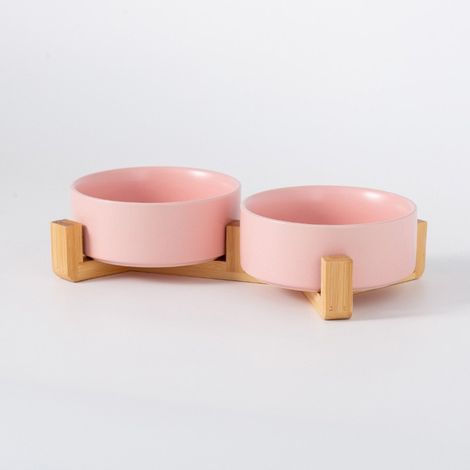 Gamelle pour chien - Gamelle pour chat - Bac à croquettes - Gamelle double - Avec support en bois - Convient pour l'eau et la nourriture - Convient aux chats et aux chiens de taille moyenne - Rose (1/5)