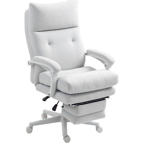 Chaise de bureau ergonomique avec soutien lombaire, dossier haut, repose-pieds, pivotante et réglable en hauteur, aspect lin, revêtue de tissu blanc crème. (1/5)