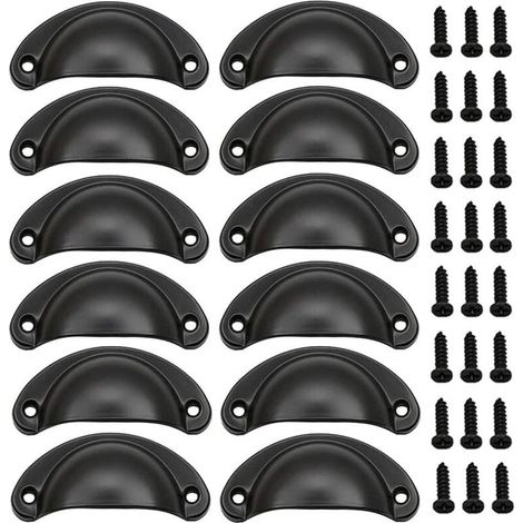 12 PCS Poignée de Porte Coquille Rétro 82mm Poignée pour Meuble Tiroir Vintage avec Vis Noir (1/5)