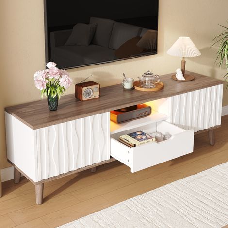 Mueble TV 160 cm con LED RGB, puertas correderas, blanco y nogal oscuro HAVRYA (1/5)