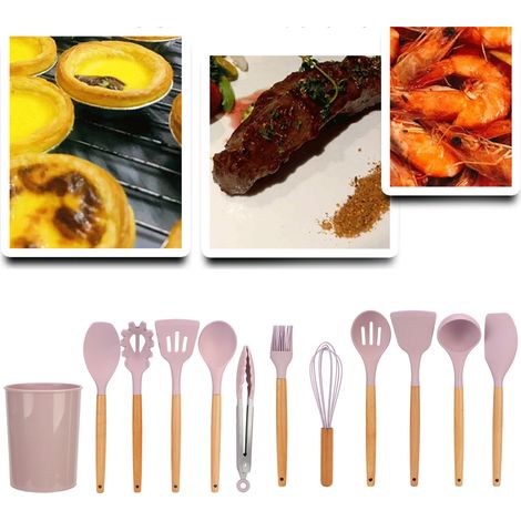 Küchenset mit Holzgriff und Silikon-Kochutensilien, Antihaftpfanne, Pfannenwender und Löffel, rosa. (1/5)
