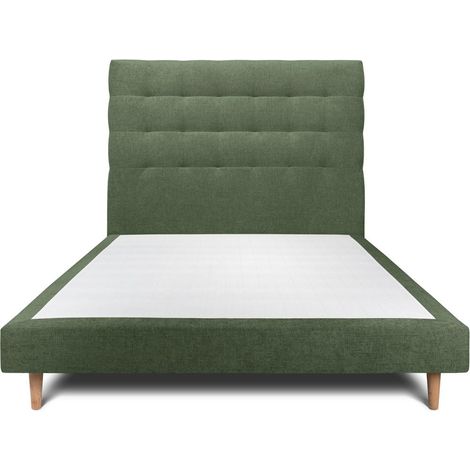 Lit 135x190cm avec tête de lit capitonnée tissu et sommier tapissier vert - Hauteur totale : 29cm (1/5)