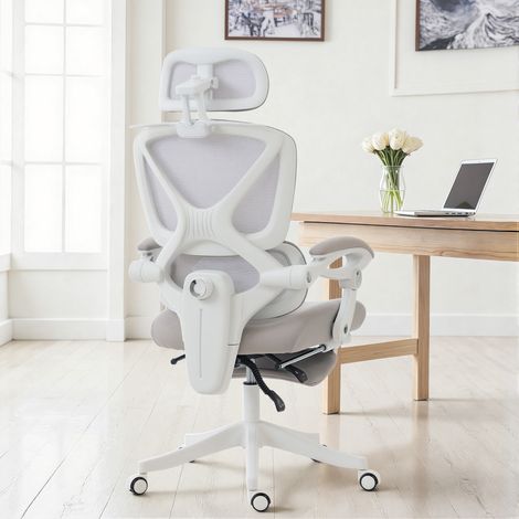 Silla de Escritorio de Malla Reclinable con Reposacabezas Soporte Lumbar Reposapiés y Altura Regulable Gris Claro (1/5)