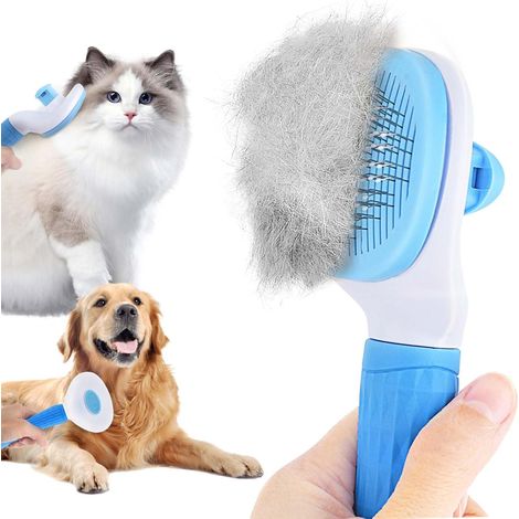 Cepillo para mascotas, botón de autolimpieza, dientes de acero inoxidable, mango ergonómico, para gatos, perros y conejos. (1/5)