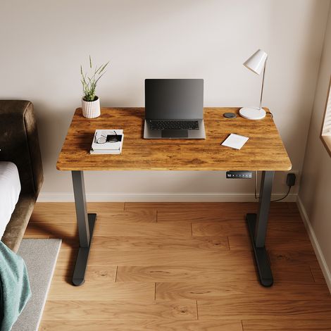 SONNI Höhenverstellbarer Schreibtisch, Stehpult, Bürstenloser Motor mit Smart Memory Funktion, Black Desk + 120cm Rustic Brown Table (1/5)