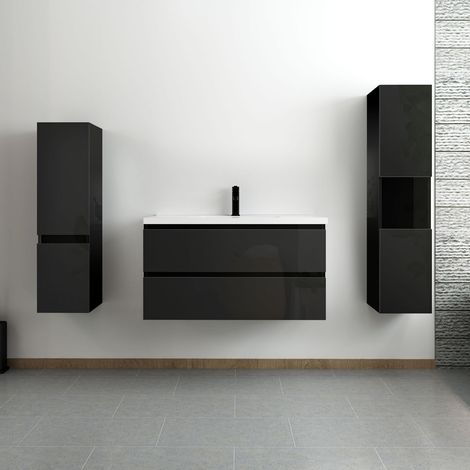 Ocean ensemble meuble salle de bain 100 cm noir brillant avec 2 tiroirs à fermeture automatique, lavabo céramique simple + deux colonnes, suspendu