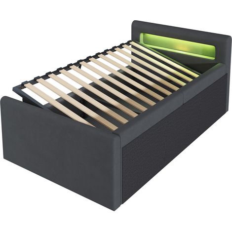 Cama infantil 90x200 cm con LED, USB y almacenaje hidráulico, terciopelo gris oscuro (1/5)