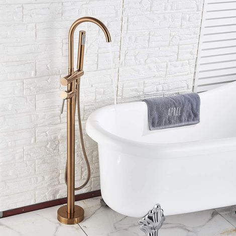 Mitigeur de Baignoire Ilot Autoportante dore Brossé-Robinet de Baignoire avec Douchette pour Salle de Bain à Montage au Sol Robinets vec Douche à Main et Bec Pivotant à 360 ° (1/5)