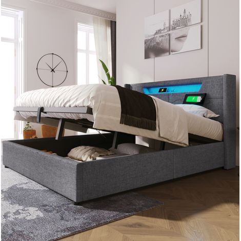 Cama doble tapizada con canapé 160x200 cm en lino gris, cabecero LED con USB y Type-C, somier de láminas