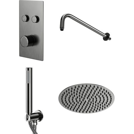 Colore Round Gunmetal Grey Concealed Push Button Twin Thermostatic Shower Valve Including 200mm Fixed Shower Head with Wall Arm and Shower Outlet Holder with Kit - 2 Outlet