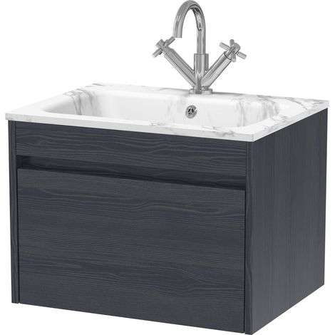Swainsley Contemporary Wall Hung 1 Drawer Vanity Unit with Carrera Marble Stone Basin, 600mm, Graphite Grey Woodgrain (1/4)