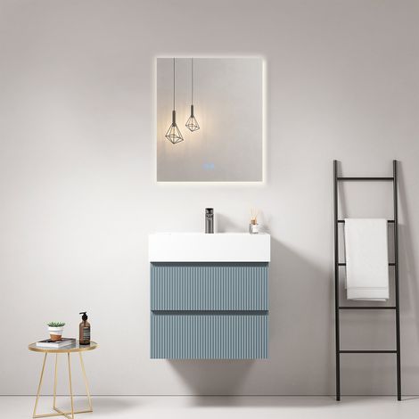 Mobile bagno sospeso cannettato 60 cm Blu Avio Lavabo in Resina Specchio Quadro Retroilluminato - Fiji Paint
