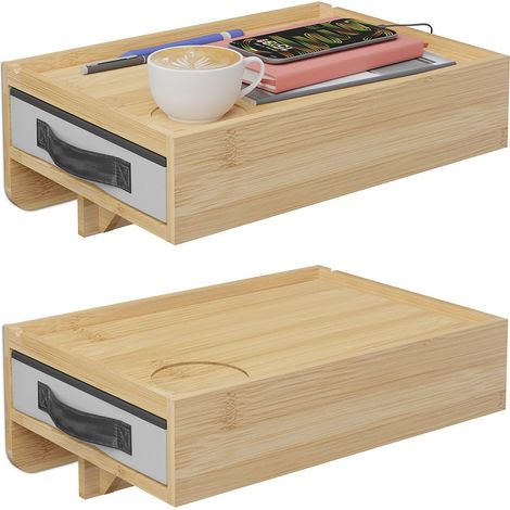 Relaxdays Nachttisch klemmbar, 2er Set, Bambus, HxBxT: 14 x 37 x 26,5 cm, Schublade, Bettablage zum Einhängen, natur