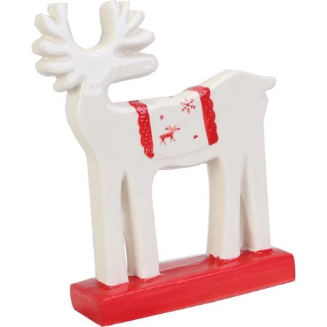 Renna in ceramica in stile scandinavo - Decorazione natalizia in bianco e rosso
