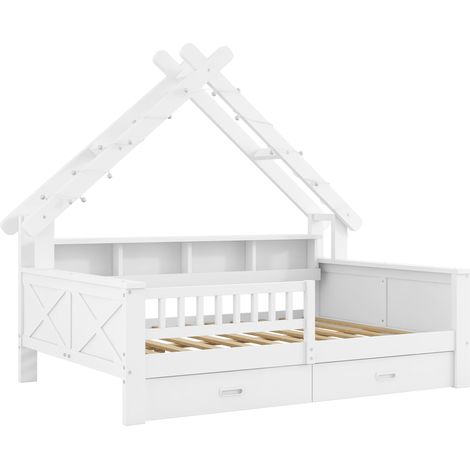 Kinder-Hausbett 140 x 200 cm aus MDF und Kiefer, Weiß, mit LED und Schubladen (1/5)