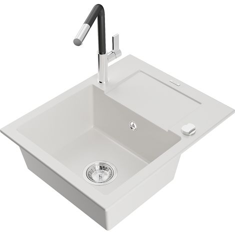 Mexen Enzo lavello in granito 1 vasca con sgocciolatoio e rubinetto cucina Flora, bianco - 6506-20-670401-07 (1/5)