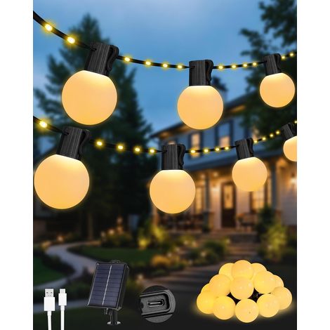 Guirlande Lumineuse Solaire Exterieure, 10M 100 Leds Exterieur Solaire Avec 20 Ampoules G40 Incassables, 8 Modes Etanche Rechargeable par USB/ Solaire Balcon Jardin Campings (Blanc Chaud) (1/5)