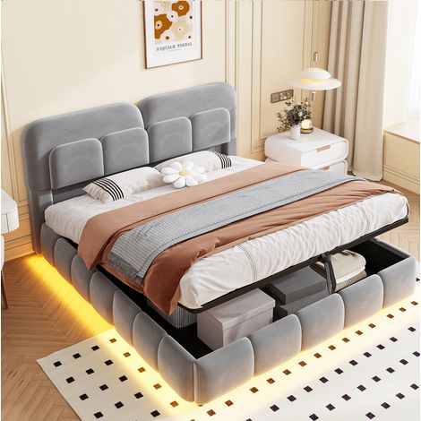 Lit coffre 140x200 cm en velours gris, rangement relevable pour chambre adulte FloraGrace (1/5)