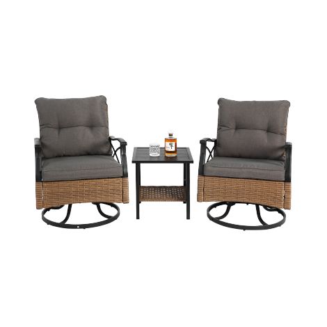 Gartenmöbel Set 3-Teilig aus PE-Rattan, 2 Drehbare Schaukelstühle mit Kissen und Beistelltisch, Braun/Grau, für Balkon Terrasse