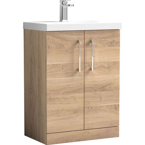 Balterley Contemporary Bathroom Floor Standing 2 Soft-Close Door Vanity Unit & Mid-Edge Ceramic Basin, Bleached Oak, 600 mm (1/5)