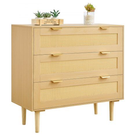 Cómoda de Ratán con 3 Cajones, Tiradores y Patas Metálicas, Amplio Espacio de Almacenamiento, Mueble Moderno para Dormitorio, Salón o Recibidor, 800 x 350 x 770 mm, Color Madera Natural (1/5)