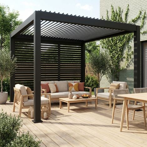 Pergola bioclimatique aluminium 4x3m anthracite + 3 persiennes 100cm lames orientables Triomphe