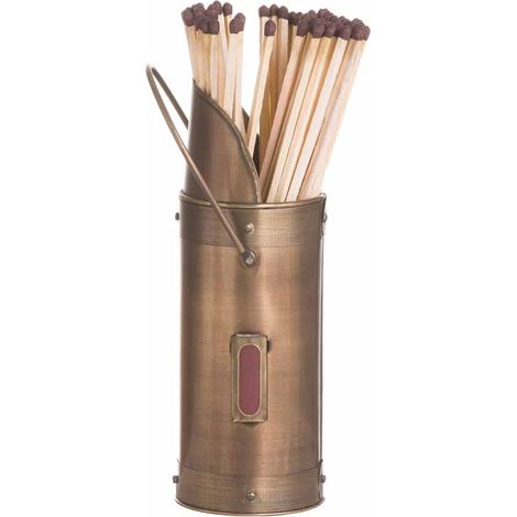 Matchstick Holder with 60 Matches - Steel/Wood - L7 x W7 x H20 cm - Antique Bronze