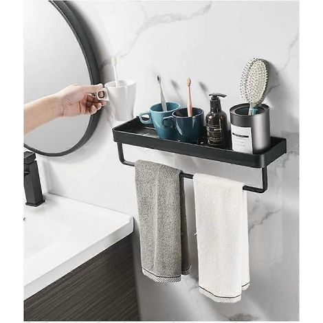 Porte-serviettes carré pour salle de bain, avec barre de fixation murale, en alliage d'aluminium massif finition noir mat, noir, 40 cm (1/4)