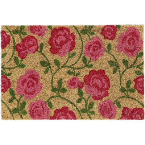 Paillasson en fibre de coco décoré de jolies roses, tapis d'entrée absorbant pour intérieur et extérieur (1/5)