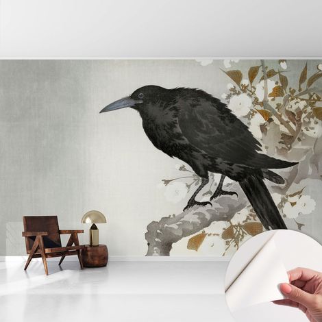 Carta da parati autoadesiva - fotomurale - decorazione parete - stile elegante - decorazione casa - Corvo tra i fiori 416x254 cm (1/5)
