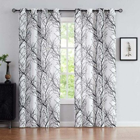 Rideaux Panneaux à Oillets - Noir et Blanc Transparents - Motif Branche d'Arbre - 243cm de Long - Semi-Transparents Moderne pour Salon ou Chambre
