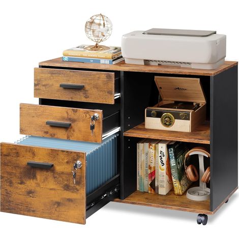 Mobile 3-Drawer Lockable Desk Cabinet, Rustic Brown (1/5)