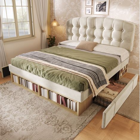 Letto matrimoniale 140x200 in velluto beige con rete, testiera regolabile e cassetti (1/5)