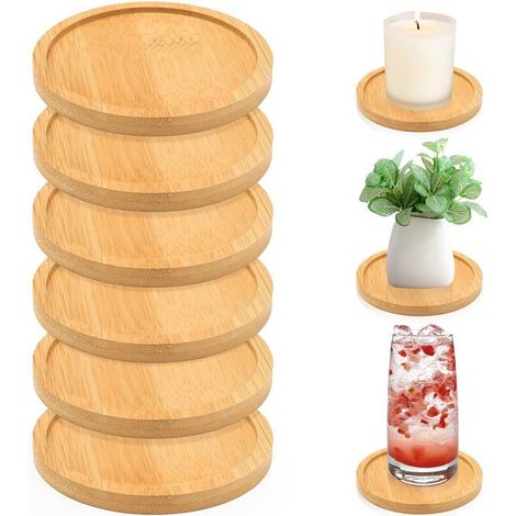 Ensemble de 6 supports pour bougies piliers Assiettes rondes Assiettes décoratives Supports en bambou pour bougies à tige Socle (1/5)