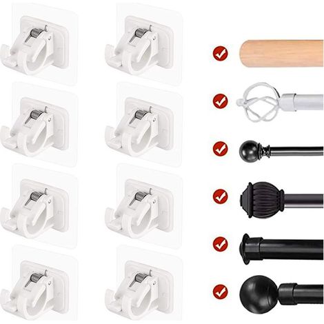 Support de tringle à rideau autocollant, 8 pièces, support mural sans clous, crochet de rideau, pour maison, cuisine, la salle de bain, l'hôtel, blanc (1/5)