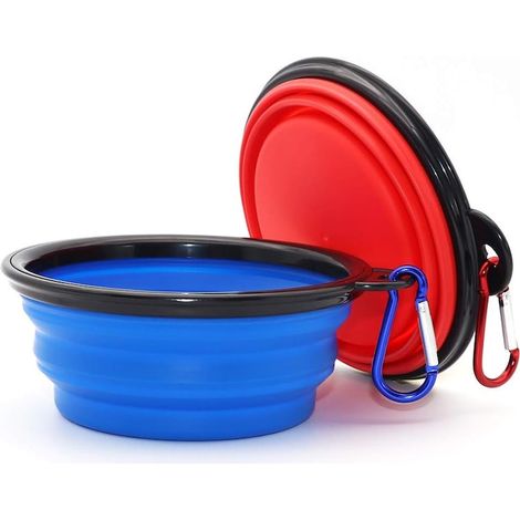 Ciotole pieghevoli per acqua e cibo, per animali, per nutrire e idratare cani e gatti, portatili, perfette per viaggi e passeggiate, moschettoni inclusi, in silicone, blu e rosse (1/5)