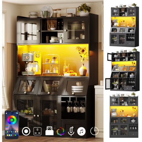 Buffet haut de rangement cuisine 120 x 40 x 181,7 cm structure MDF métal éclairage LED multicolore synchronisé musique prise USB système anti-bascule portes battantes verre finition noire capacité cha (1/5)