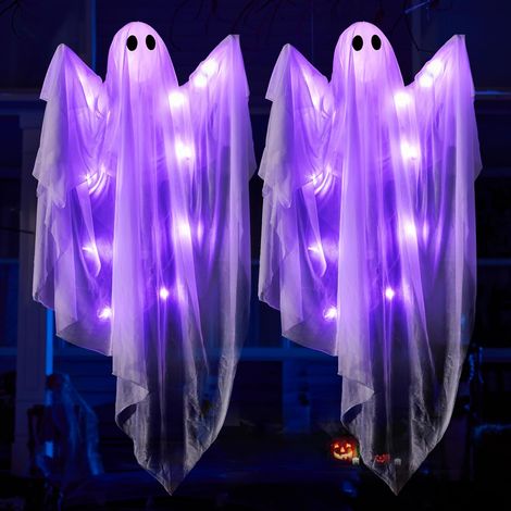 Lot de 2 fantômes suspendus Halloween 119 cm, décorations lumineuses LED violettes, ornements extérieurs pour maison hantée et jardin (1/5)