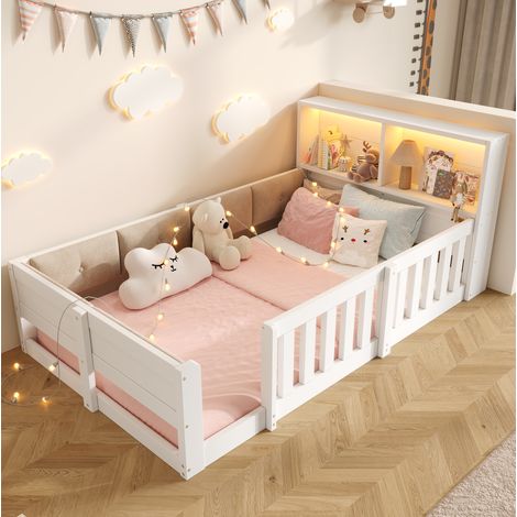 Letto per bambini 90x200 cm, testiera con spazio contenitore, luci LED, sponde di protezione, truciolare e velluto bianco (1/5)