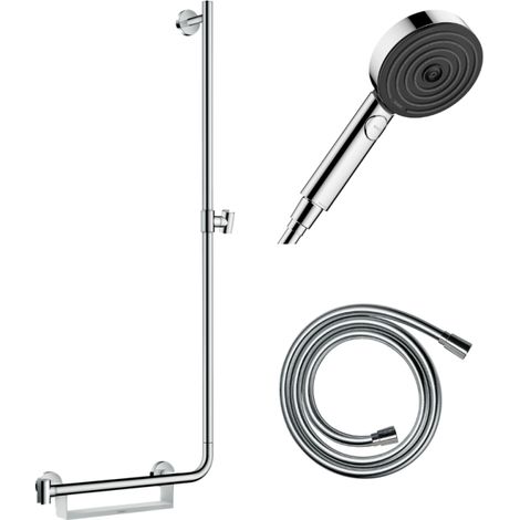 HANSGROHE Unica 110 PMR barra de ducha con tirador a la izquierda Cromo + Rociador Pulsify Select 3 chorros + Flexo Isiflex 160 cm (1/4)